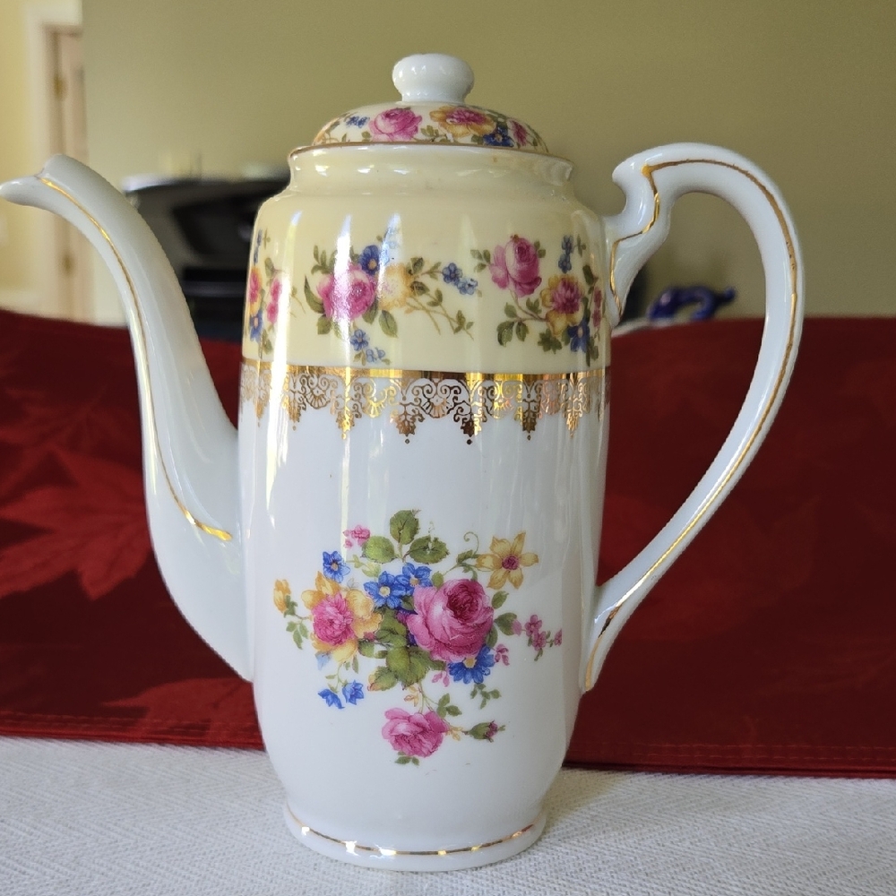 Pink Floral "Mini" Coffee Pot W/ Sugar and Creamer Set By Gold Castle Japan